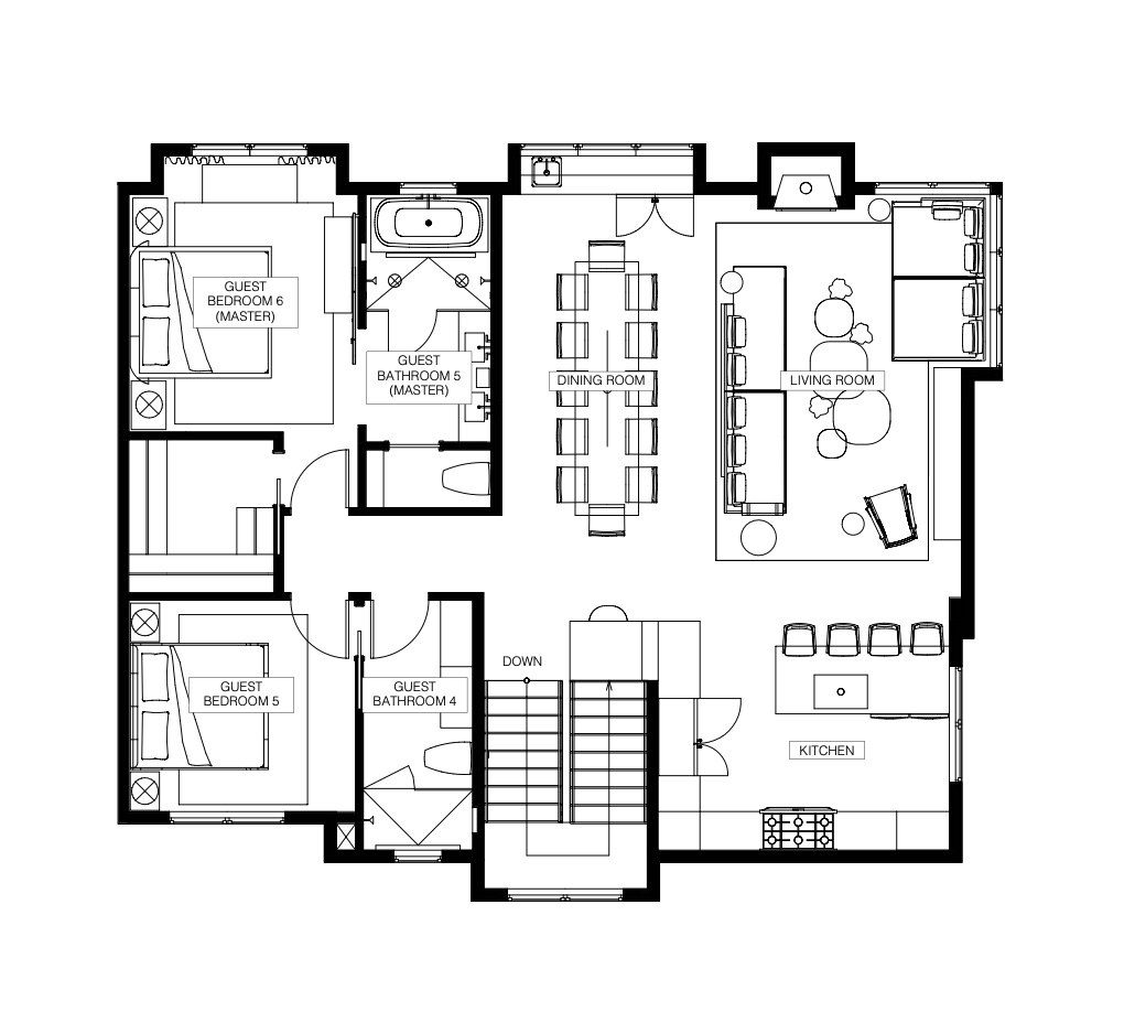 Upper level floor plan: kitchen, dining room, living room, primary bedroom 6 with bath 5, bedroom 5 and bath 4