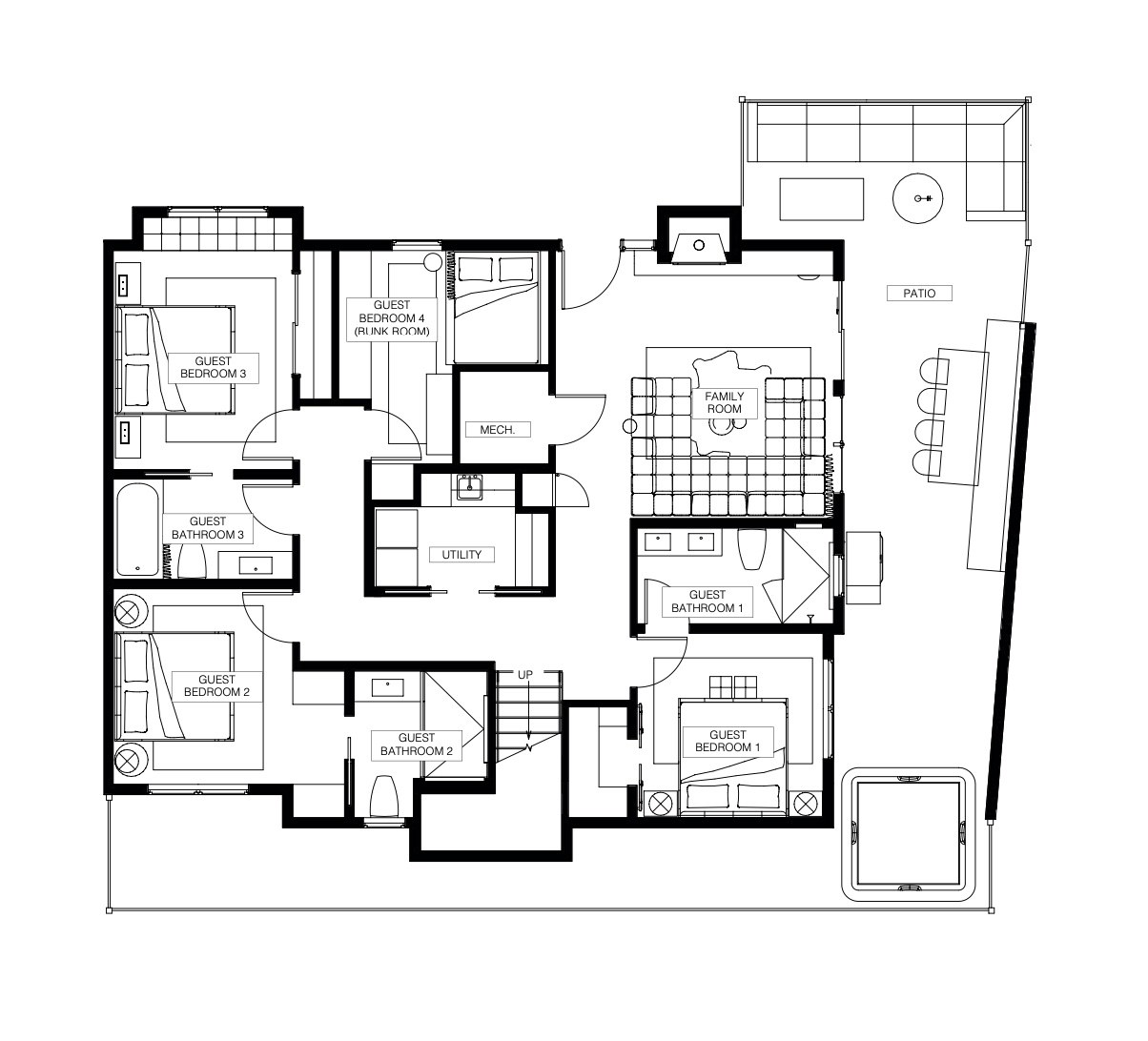 Lower level floor plan: family room, bedrooms 1 to 4 including the bunk room, baths 1 to 3, utility room, patio and hot tub
